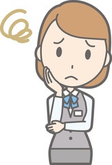 An illustration in which a woman clerk wearing a uniform is in trouble