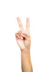 Female hand gesture making number two on white background.