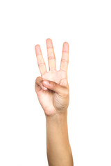 Female hand gesture making number three on white background.