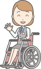 Illustration that a woman clothed in uniform wears a wheelchair and smiles