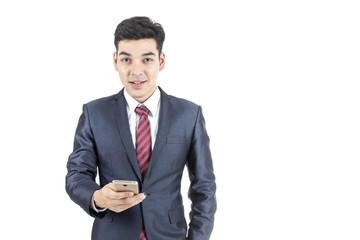 Asian Businessman using Smartphont with attractive smiling isolated on white background.