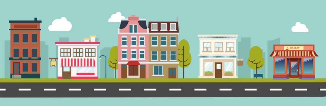 City street and store buildings vector illustration, a flat style design.