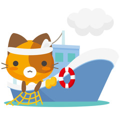 ネコとーく。三毛猫+漁船