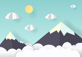 Vector paper art and craft style. Illustration of nature landscape, cloud and mountain