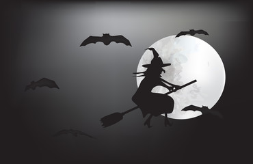 Fototapeta premium Witch flying on a broom on a full moon