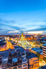 Top view cityscape Wat Trimitr in chinatown or yaowarat area in bangkok city, Bangkok, Thailand.