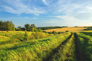 Sunny summer landscape with dirt rural road.Traveling through the countryside.Tula region,Russia
