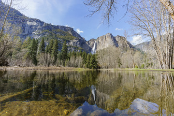 Upper Yosemite Fall with big icy drops and great reflection