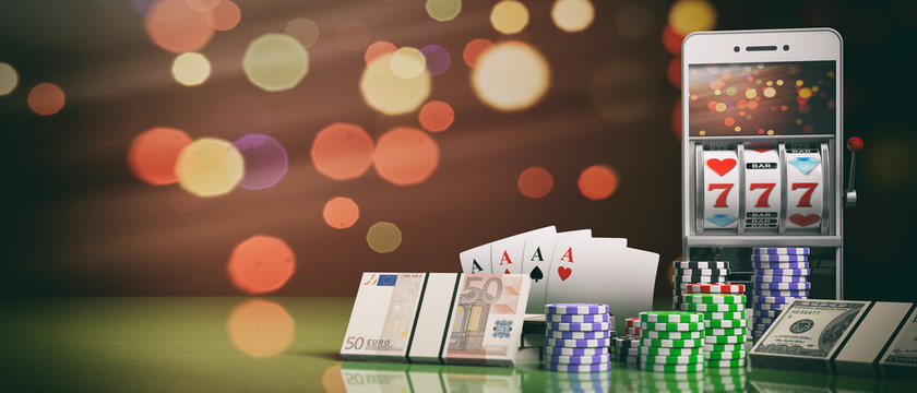 Slot machine on a smartphone screen, poker chips, cards and money. 3d illustration