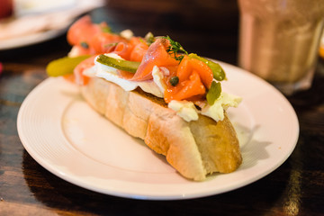 Smoked Salmon Baguette at the restaurant in Chiang Mai, Thailand.
