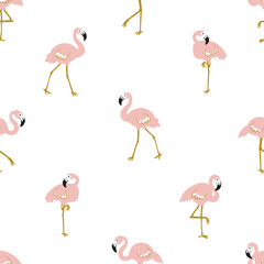 Vector seamless pattern with flamingos on the white background. Hand drawn tropical  design for fabric, wrap paper or wallpaper.