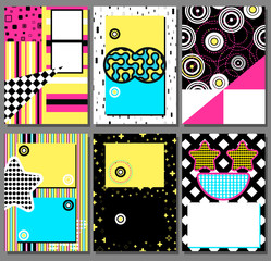 Memphis posters set , card background with simple geometric elements, patterns fashion trend 80-90s. Vector.
