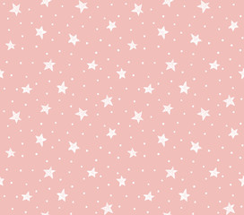 Seamless pattern with chaotic dots and stars on the pink background. Vector hipster background.