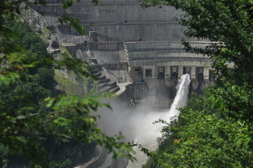 Dam on the Inguri River in Georgia. Dam reservoir