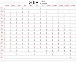 Year 2018 Planner - An annual planner calendar for the year 2018 on white. A custom handwritten style is used.