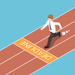 Isometric businessman trying to run across the deadline.