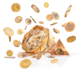 VC Sack full of coins; isolated lucky bag with money for business on the table with piramid and money frog in it