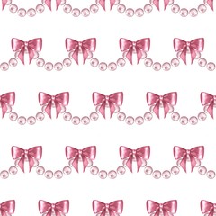 Seamless pattern with pearls 5. Watercolor illustration. Jewelry border with bows