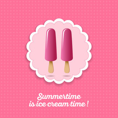 Ice cream illustration. Two strawberry ice creams. Frozen juice on a yellow background.