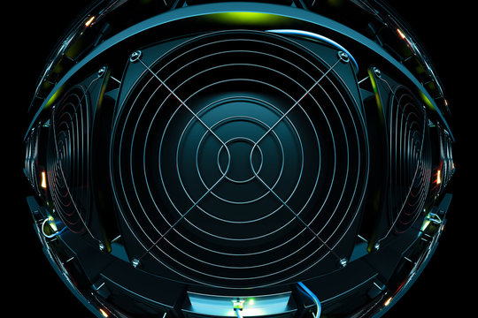 design element. 3D illustration. rendering. cryptocurrency mining farm. bitcoin and altcoins mining. asic miner rig for cryptocurrency mining