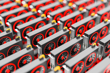 Fototapeta premium design element. 3D illustration. rendering. cryptocurrency mining farm. bitcoin and altcoins mining. graphic cards rig for Cryptocurrency mining