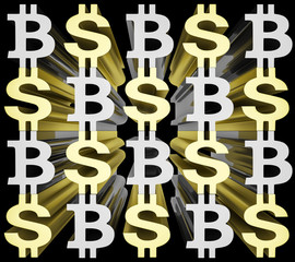 design element. 3D illustration. rendering. bitcoin cryptocurrency and american dollar metal symbols. american dollar and bitcoin signs rendered background