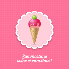 Ice cream illustration. Ice cream with jam. Waffle cone on a pink background.