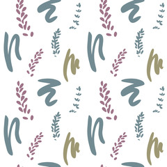 Stylized flowers and paint brush strokes pattern. Vector seamless background with abstract floral shapes in pastel colors on white backdrop.