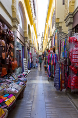 Alcaiceria Market in Granada, Spain. Narrow streets filled with shops called Alcaiceria