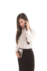 Fototapeta premium Portrait of beautiful asian business woman holding tablet, talking on the cell phone, on white background.