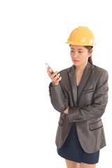 Portrait of asian business woman engineer  holding thumb up and use smartphone isolated on white background. Free form copy space. 