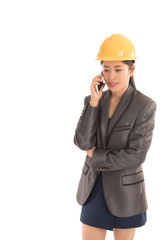 Portrait of asian business woman engineer  holding thumb up and use smartphone isolated on white background. Free form copy space. 