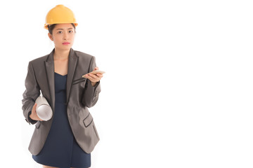 Portrait of asian business woman engineer  holding thumb up and use smartphone isolated on white background. Free form copy space. 