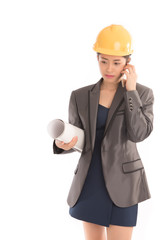 Portrait of asian business woman engineer  holding thumb up and use smartphone isolated on white background. Free form copy space. 