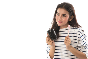 Fototapeta premium Woman hand holding a toothbrush, isolated on a white background, This image for healthcare concept.