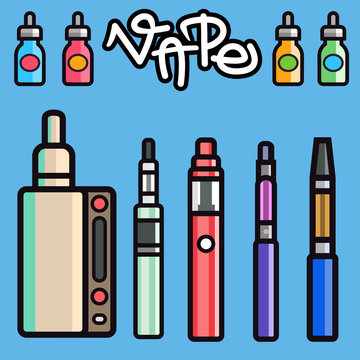 Vape device vector set cigarette vaporizer vapor juice bottle flavor illustration battery coil.