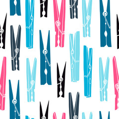 Old colored clothespins on a white background. Seamless pattern for laundry. Vector illustration.
