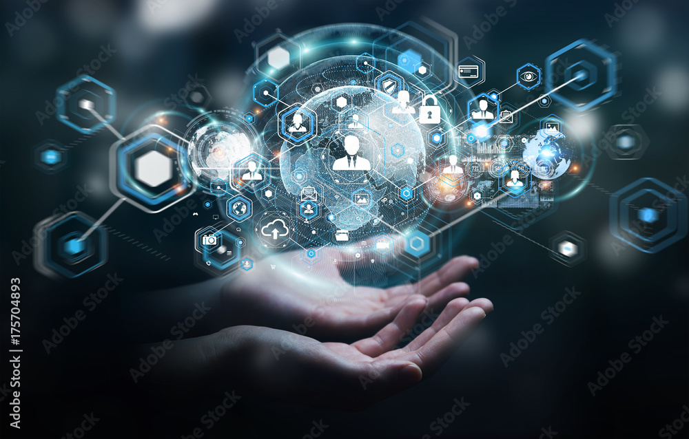 Poster businesswoman using social network interface 3d rendering