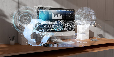 Workplace with modern devices and hologram screens 3D rendering