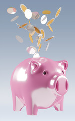 Piggy bank with flying coins going inside 3D rendering
