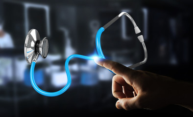 Businessman holding and touching floating stethoscope 3D rendering
