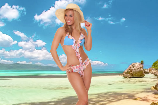 woman in sunshine and bikini on the beach