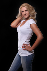 young cheerful girl in a white T-shirt