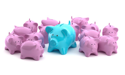 Blue piggy bank among pink piggy banks isolated.One of different. 