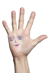 Female hand with painted eyes and lips, isolated