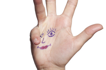 Female hand with painted eyes and lips, isolated