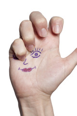 Female hand with painted eyes and lips, isolated