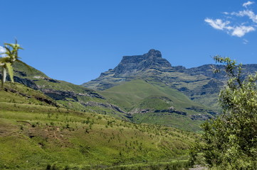 Big rock along the path to Thukela waterfall in Royal Natal Park Drakensberg mountain, South Africa