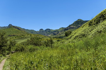 Fototapeta premium Path, walk to Thukela waterfall in Royal Natal Park Drakensberg mountain, South Africa