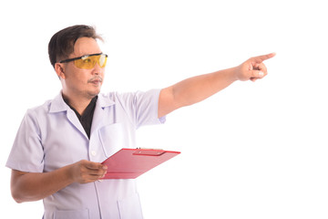 Portrait of a doctor/scientist pointing something isolated on white background.Free form copy space.